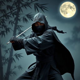 A striking portrait of a heroic ninja warrior clad in a traditional black ninja outfit, complete with intricate details and a flowing cape