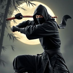 A striking portrait of a heroic ninja warrior clad in a traditional black ninja outfit, complete with intricate details and a flowing cape
