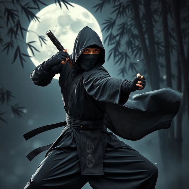 A striking portrait of a heroic ninja warrior clad in a traditional black ninja outfit, complete with intricate details and a flowing cape