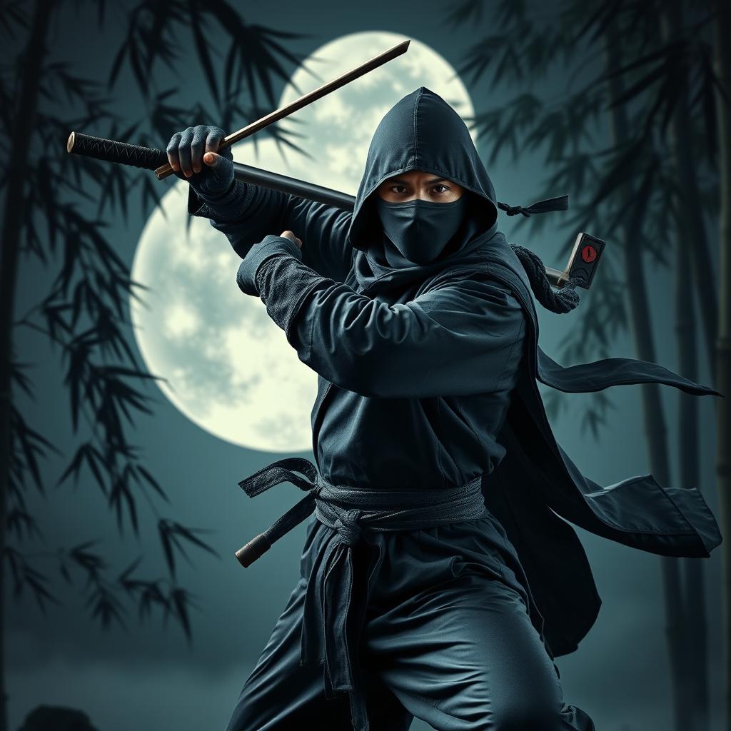 A striking portrait of a heroic ninja warrior clad in a traditional black ninja outfit, complete with intricate details and a flowing cape