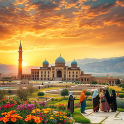 A beautiful and rich cultural landscape of Iran, showcasing its stunning architecture such as the intricate tile work of the Nasir al-Mulk Mosque, surrounded by colorful gardens and blooming flowers
