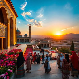 A beautiful and rich cultural landscape of Iran, showcasing its stunning architecture such as the intricate tile work of the Nasir al-Mulk Mosque, surrounded by colorful gardens and blooming flowers