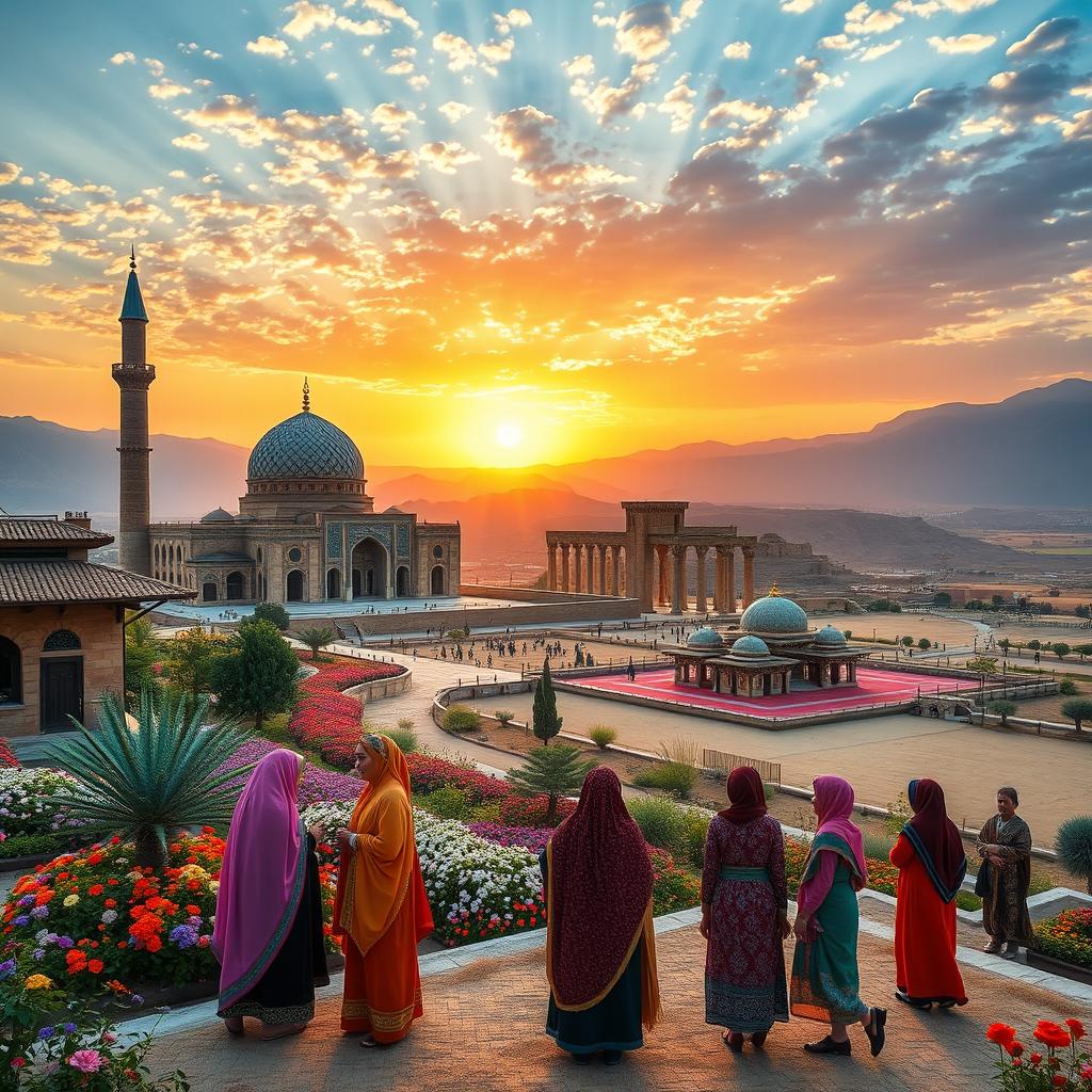 A beautiful and rich cultural landscape of Iran, showcasing its stunning architecture such as the intricate tile work of the Nasir al-Mulk Mosque, surrounded by colorful gardens and blooming flowers