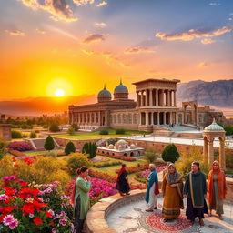 A beautiful and rich cultural landscape of Iran, showcasing its stunning architecture such as the intricate tile work of the Nasir al-Mulk Mosque, surrounded by colorful gardens and blooming flowers