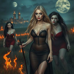 A beautiful 18-year-old girl with long, flowing blonde hair, a thin face that exudes innocence and sexiness, is depicted walking through a haunted field at midnight