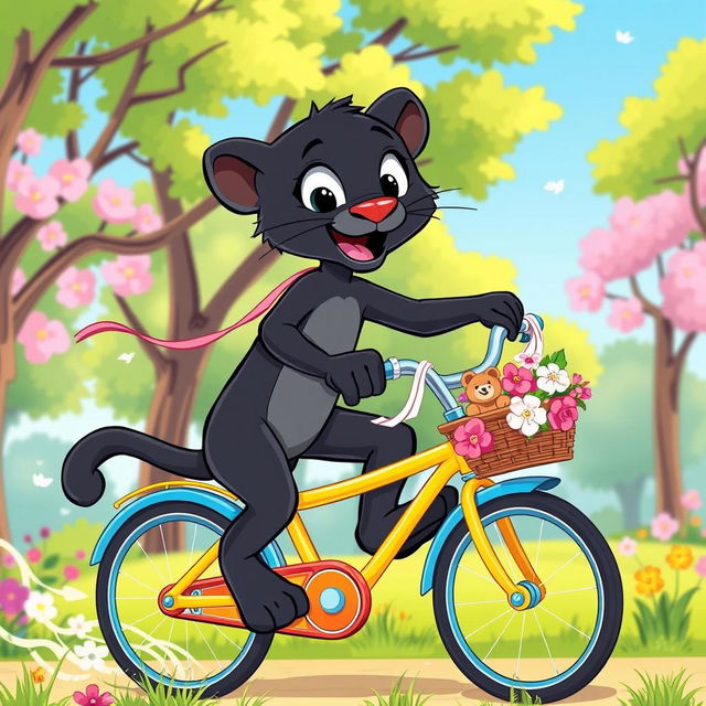 A cartoon black panther character playfully riding a colorful bicycle through a vibrant, sunny park setting