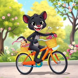 A cartoon black panther character playfully riding a colorful bicycle through a vibrant, sunny park setting