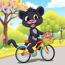 A cartoon black panther character playfully riding a colorful bicycle through a vibrant, sunny park setting
