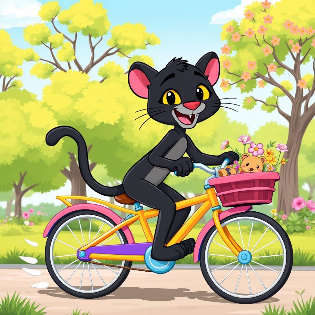 A cartoon black panther character playfully riding a colorful bicycle through a vibrant, sunny park setting