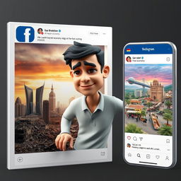 A detailed 3D image of a real adult person cautiously stepping out from a Facebook post that illustrates a devastated Syrian economy, depicted with somber colors, images of desolation, and broken buildings