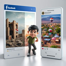 A detailed 3D image of a real adult person cautiously stepping out from a Facebook post that illustrates a devastated Syrian economy, depicted with somber colors, images of desolation, and broken buildings