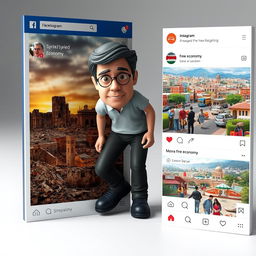 A detailed 3D image of a real adult person cautiously stepping out from a Facebook post that illustrates a devastated Syrian economy, depicted with somber colors, images of desolation, and broken buildings