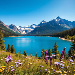 A stunning landscape featuring a serene lake surrounded by majestic mountains under a clear blue sky
