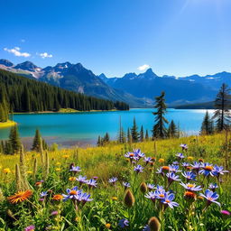 A stunning landscape featuring a serene lake surrounded by majestic mountains under a clear blue sky