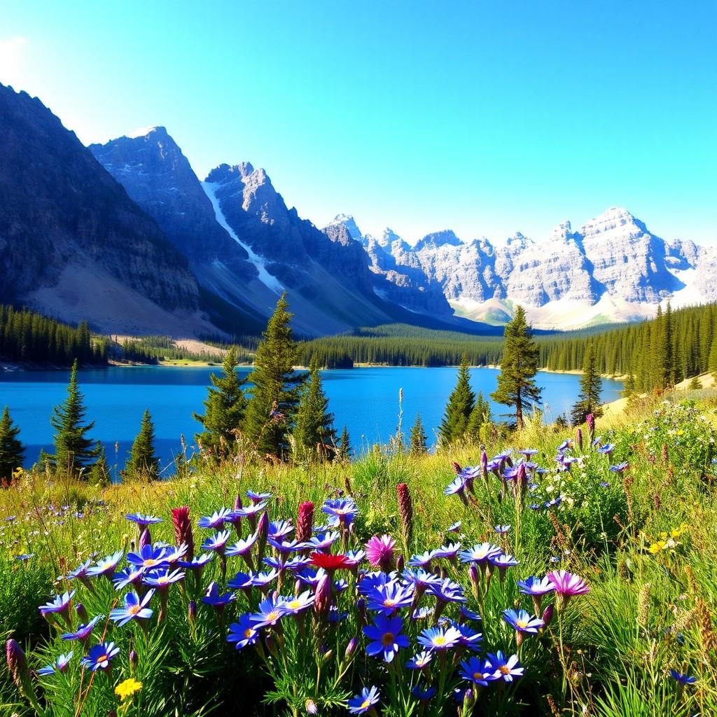 A stunning landscape featuring a serene lake surrounded by majestic mountains under a clear blue sky