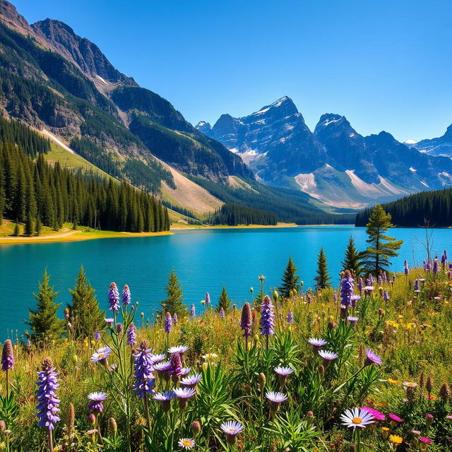 A stunning landscape featuring a serene lake surrounded by majestic mountains under a clear blue sky