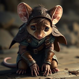 A humanoid mouse character in leather armor and Dungeons and Dragons-inspired clothing