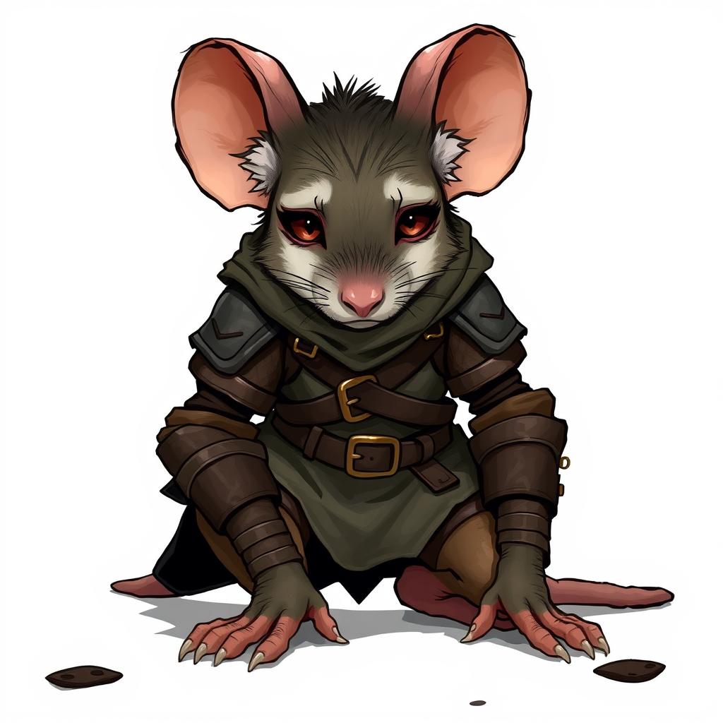 A humanoid mouse character in leather armor and Dungeons and Dragons-inspired clothing