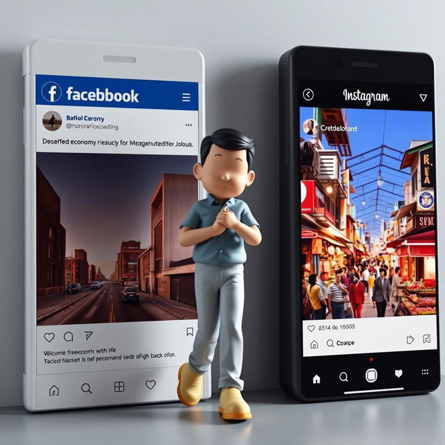 A striking 3D rendering of a real adult person carefully stepping out of a Facebook post that illustrates a depressed economy, characterized by dull colors, images of lined streets, and downcast expressions