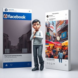 A striking 3D rendering of a real adult person carefully stepping out of a Facebook post that illustrates a depressed economy, characterized by dull colors, images of lined streets, and downcast expressions