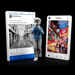 A striking 3D rendering of a real adult person carefully stepping out of a Facebook post that illustrates a depressed economy, characterized by dull colors, images of lined streets, and downcast expressions