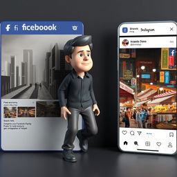 A striking 3D rendering of a real adult person carefully stepping out of a Facebook post that illustrates a depressed economy, characterized by dull colors, images of lined streets, and downcast expressions