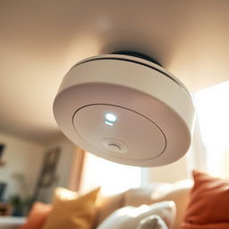 A detailed view of a modern smoke detector mounted on a white ceiling, showcasing its sleek design and small LED indicator light