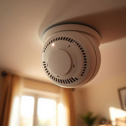A detailed view of a modern smoke detector mounted on a white ceiling, showcasing its sleek design and small LED indicator light