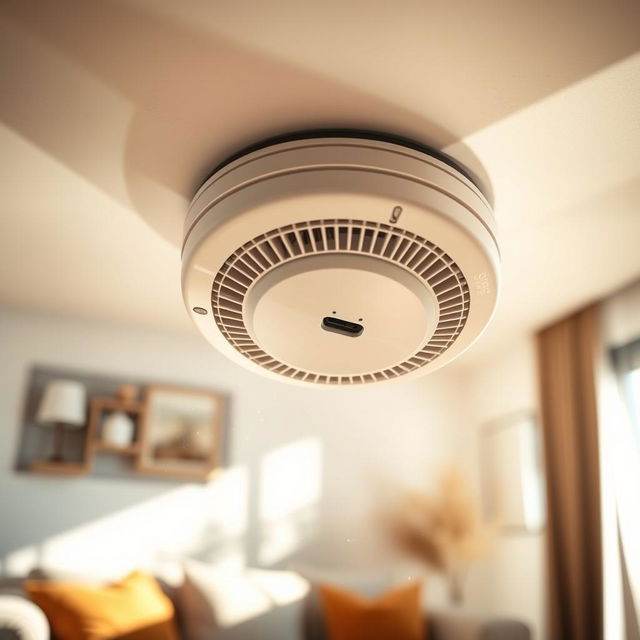 A detailed view of a modern smoke detector mounted on a white ceiling, showcasing its sleek design and small LED indicator light