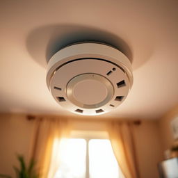 A detailed view of a modern smoke detector mounted on a white ceiling, showcasing its sleek design and small LED indicator light