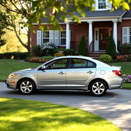 A 2011 Daewoo Leganza parked in a cozy suburban driveway, surrounded by a well-manicured lawn and blooming flower beds