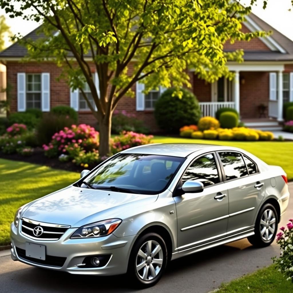 A 2011 Daewoo Leganza parked in a cozy suburban driveway, surrounded by a well-manicured lawn and blooming flower beds