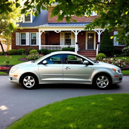 A 2011 Daewoo Leganza parked in a cozy suburban driveway, surrounded by a well-manicured lawn and blooming flower beds