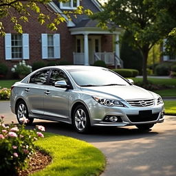 A 2011 Daewoo Leganza parked in a cozy suburban driveway, surrounded by a well-manicured lawn and blooming flower beds