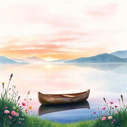 A beautiful watercolor painting depicting a serene lakeside scene for a book cover