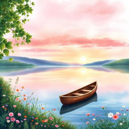 A beautiful watercolor painting depicting a serene lakeside scene for a book cover
