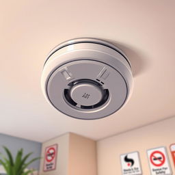 A detailed illustration of a modern smoke detector mounted on a ceiling, showcasing its sleek design and functionality