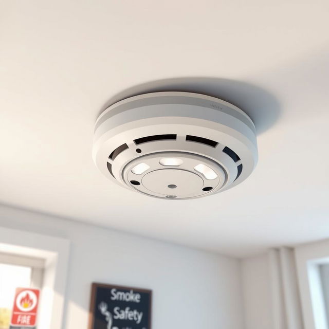 A detailed illustration of a modern smoke detector mounted on a ceiling, showcasing its sleek design and functionality