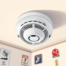 A detailed illustration of a modern smoke detector mounted on a ceiling, showcasing its sleek design and functionality