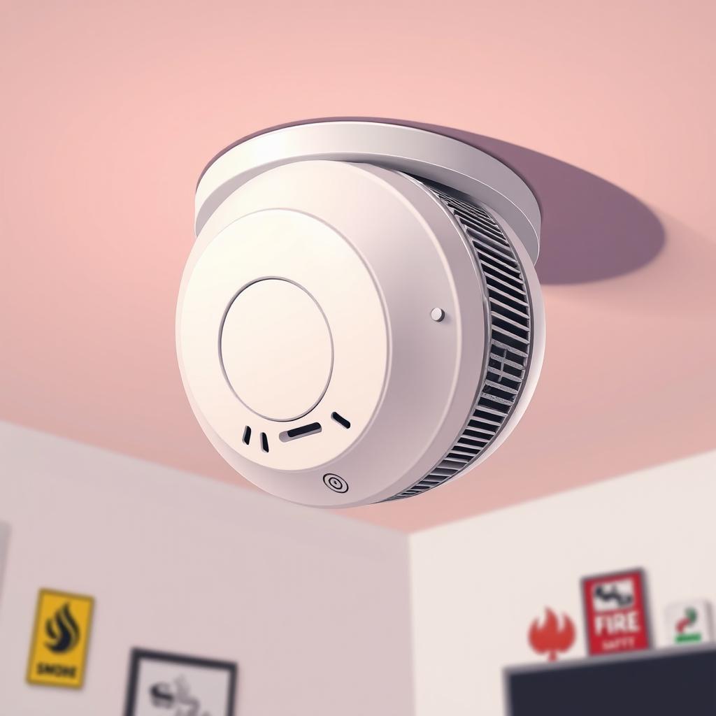 A detailed illustration of a modern smoke detector mounted on a ceiling, showcasing its sleek design and functionality