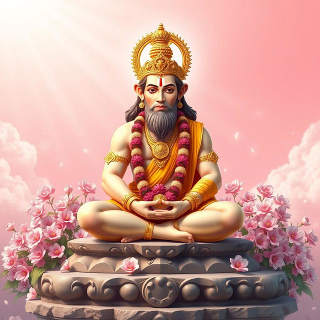 Lord Hanuman seated cross-legged in a meditative pose on a beautifully carved stone platform, surrounded by blooming pink and white flowers