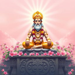 Lord Hanuman seated cross-legged in a meditative pose on a beautifully carved stone platform, surrounded by blooming pink and white flowers