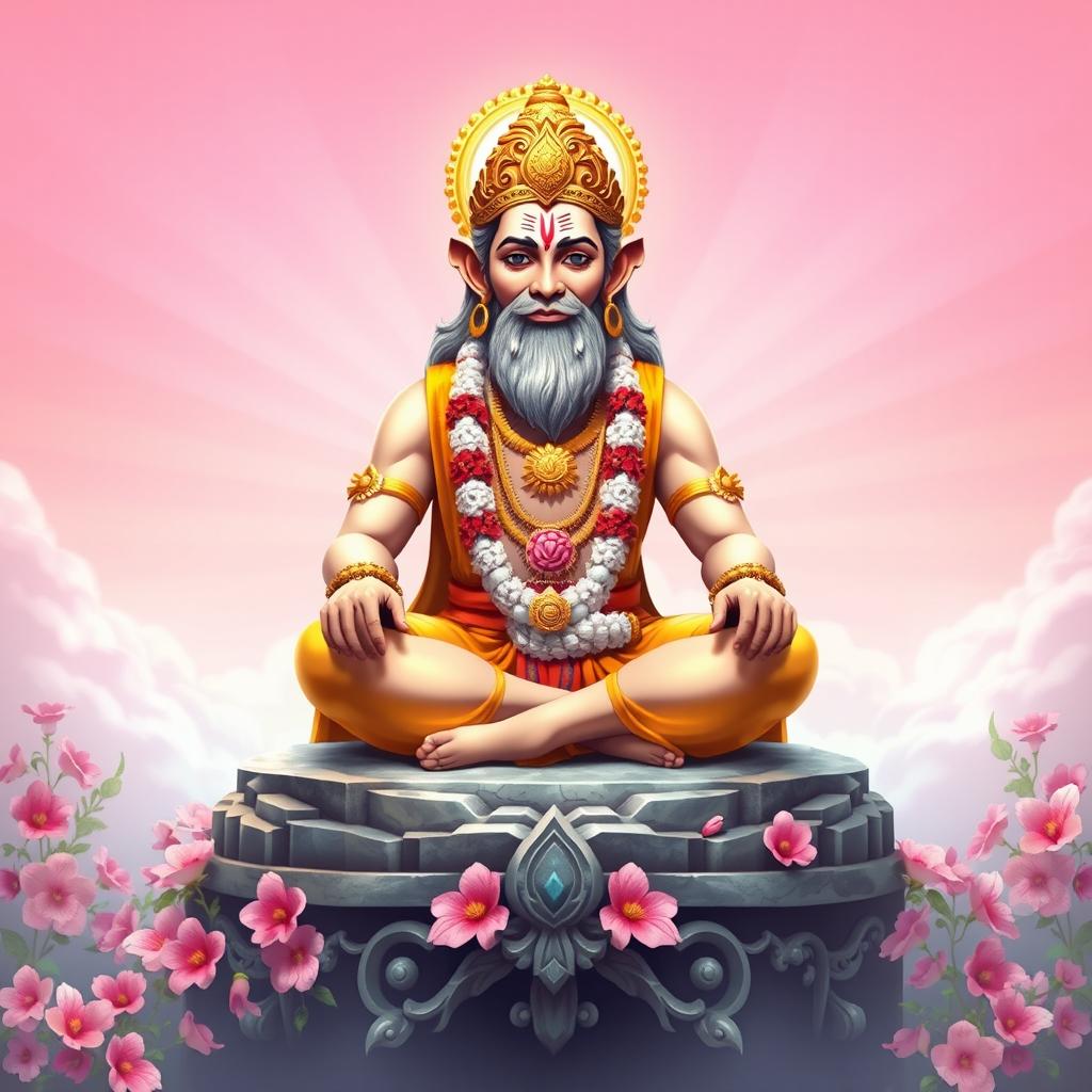 Lord Hanuman seated cross-legged in a meditative pose on a beautifully carved stone platform, surrounded by blooming pink and white flowers