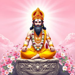 Lord Hanuman seated cross-legged in a meditative pose on a beautifully carved stone platform, surrounded by blooming pink and white flowers