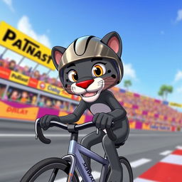 A cartoon panther wearing a racing helmet, riding a sleek racing bicycle