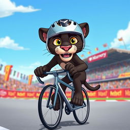 A cartoon panther wearing a racing helmet, riding a sleek racing bicycle