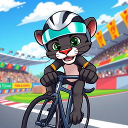 A cartoon panther wearing a racing helmet, riding a sleek racing bicycle