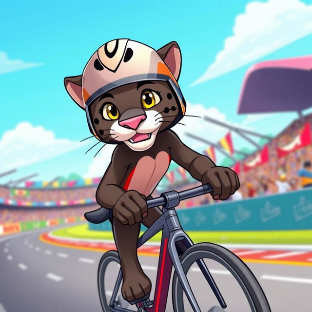 A cartoon panther wearing a racing helmet, riding a sleek racing bicycle