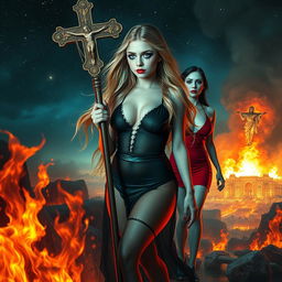 In a haunting, starry night setting, a captivating 18-year-old girl with long, flowing blonde hair is portrayed