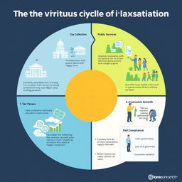 An informative infographic detailing the phases of the virtuous circle of taxation, including easy-to-understand illustrations for each phase